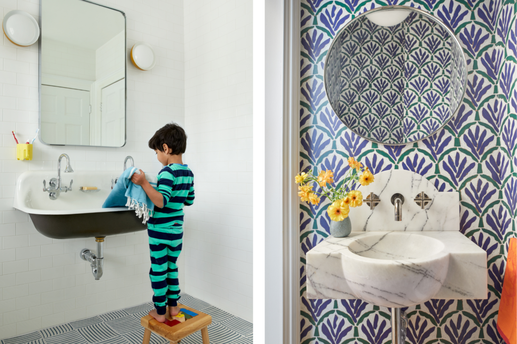 Two photos side by side. On the left is a little boy at a white and black sink with a mirror above it. To the right is a photo os a white sink with a blue pattern wallpaper behind it.