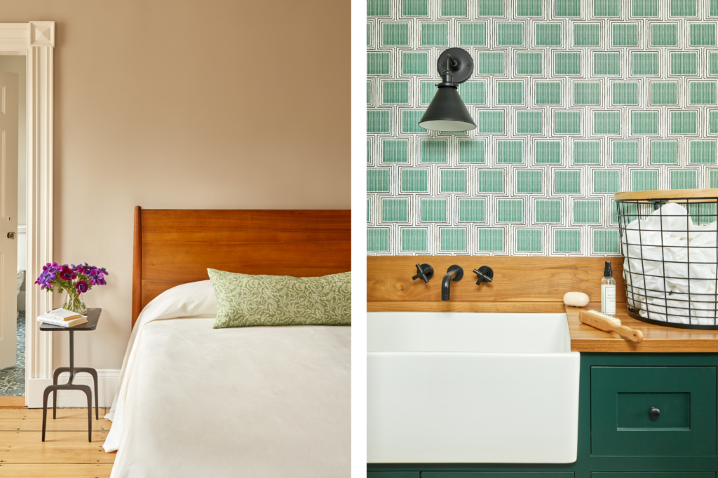 A side by side of a bedroom on the left featuring a bed with white sheets and a green pillow. Then a laundry sink and basket on the right in front of a blue pattern wallpaper that Colleen Simond picked out.