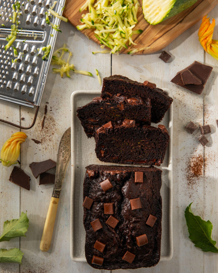 TABLE Magazine Double Chocolate Zucchini Bread Chocolate bread on a white background