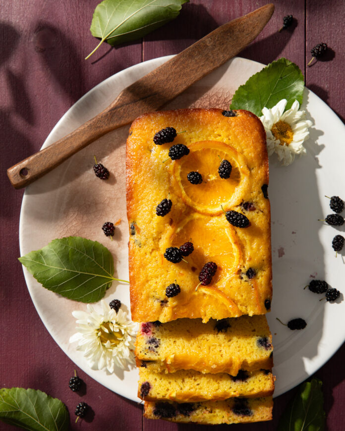 A slice of bread with mulberries on it on a white plate on a maroon background