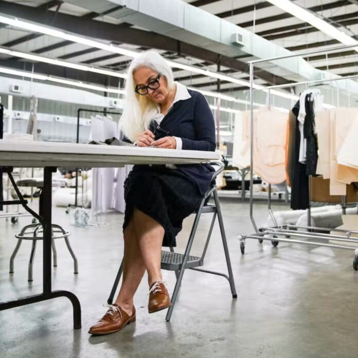 Natalie Chanin, a tall woman with long white hair, sits at a sewing table.