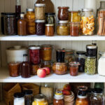 White pantry shelves with jars of food items featuring a watermelon syrup.