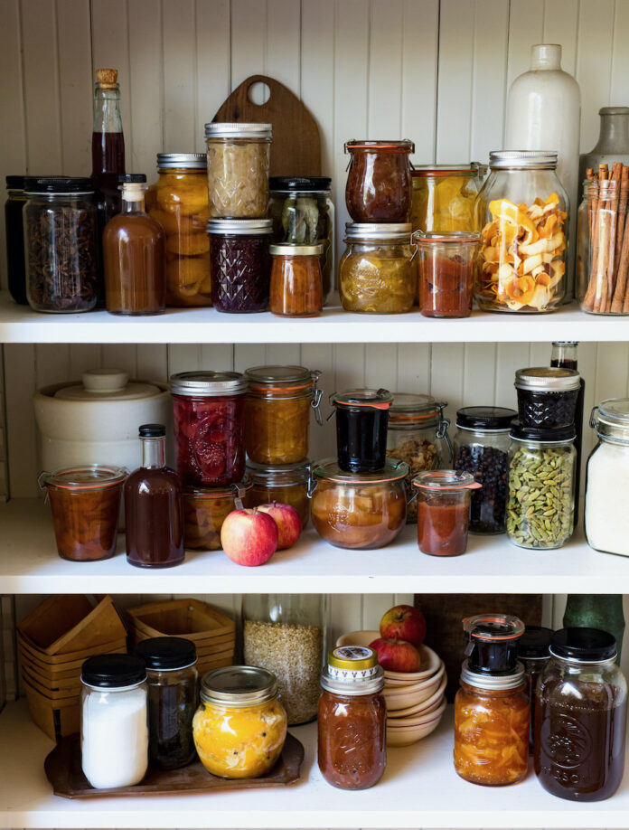 White pantry shelves with jars of food items featuring a watermelon syrup.