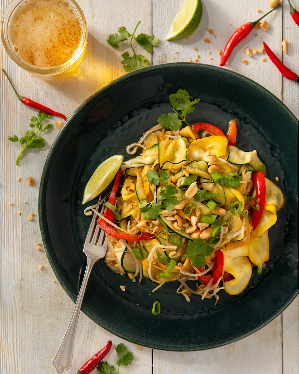 A plate of Thai inspired zucchini noodle stir fry