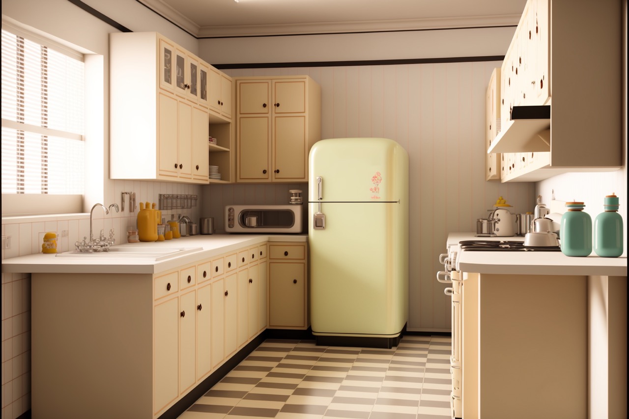 A kitchen design by an AI program with a retro, brown and cream interior with counters, cabinets, and a round fridge. 