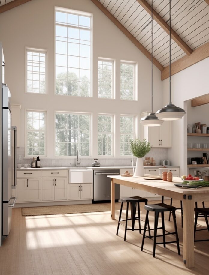 An open kitchen interior design by AI with a long wood table, white counters, and lots of windows.