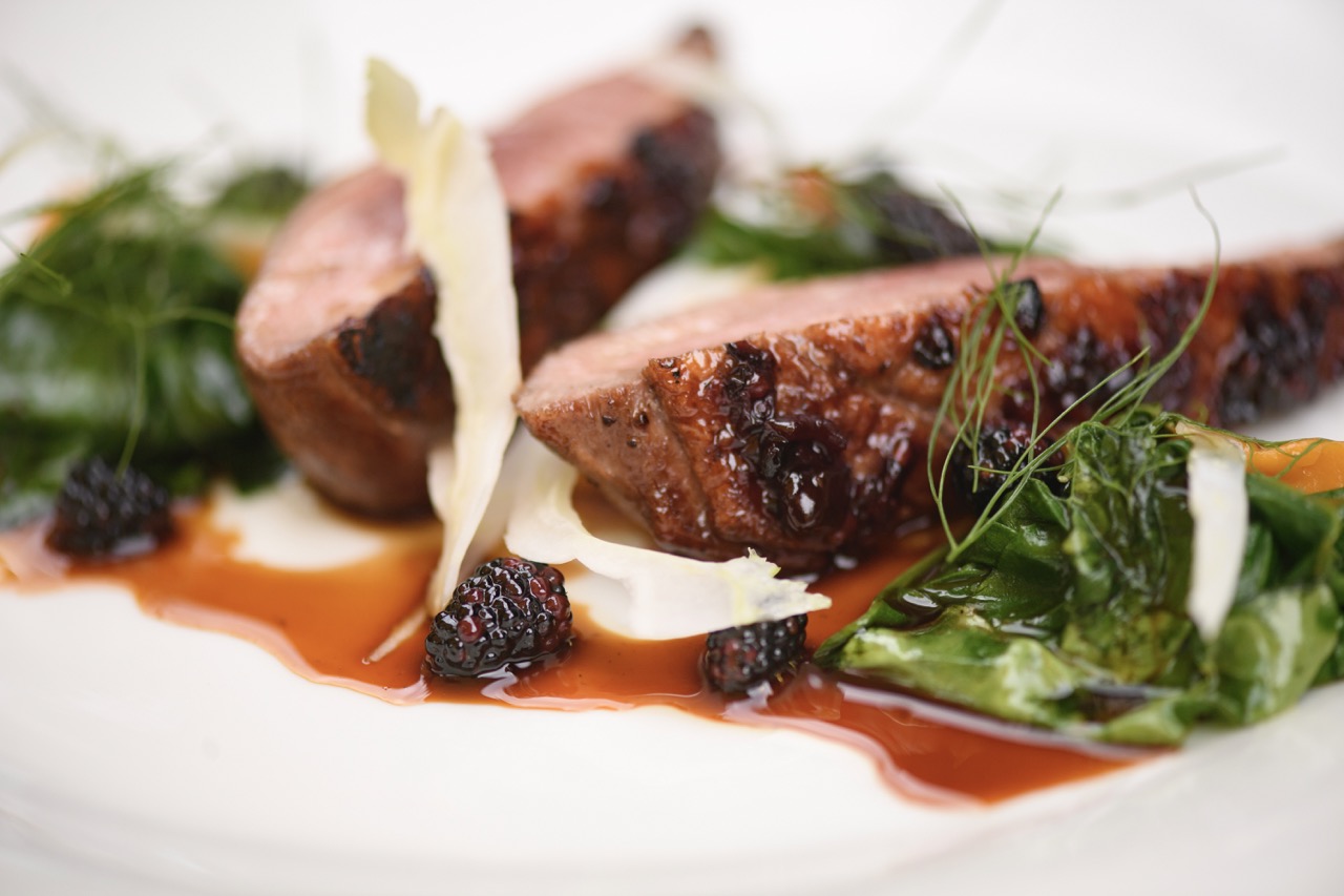 Muscovy Duck Breast with Blackberry Glaze, Sweet Potato, & Fennel