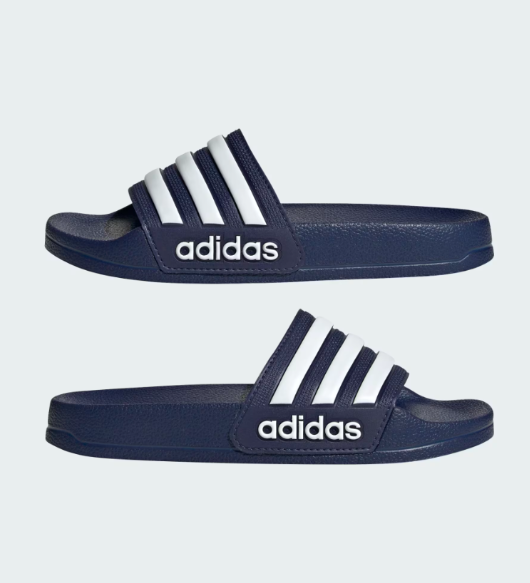 Slides from Adidas on a white background, a great dorm essential gift for a new college student