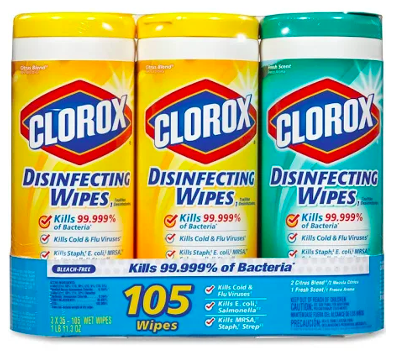 Three bottles of Clorox wipes, an essential dorm item 
