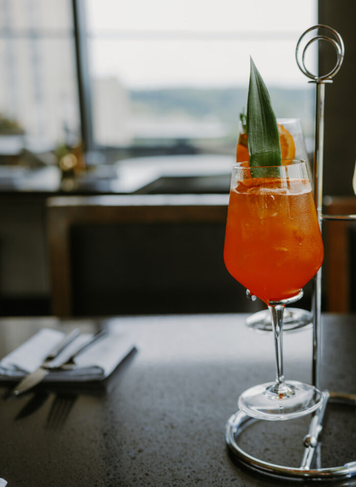 A summer spritz cocktail, colored red and with a green leaf for garnish