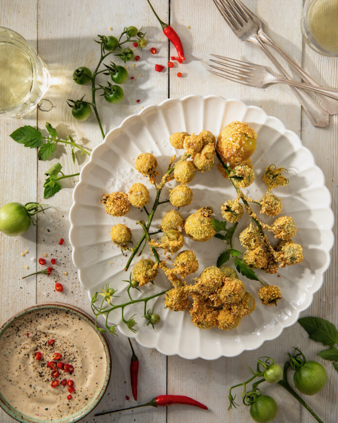 A plate of Southern-fried green cherry tomatoes, paired with remoulade