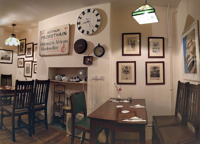 The interior of Tea and Tattle, a tucked away tea house in London