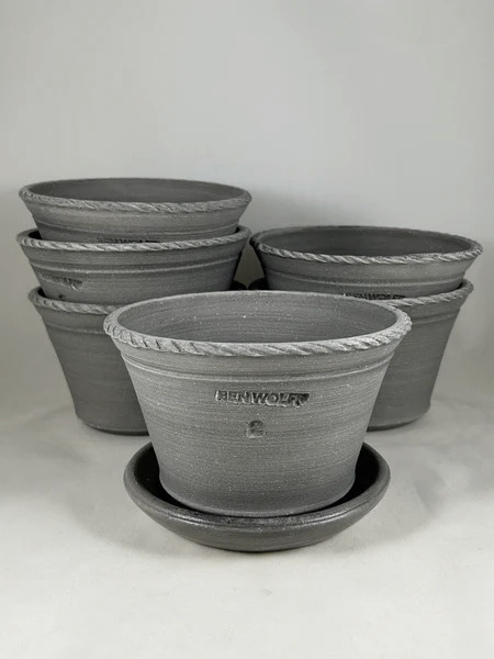 A few grey flower pots on a white background 