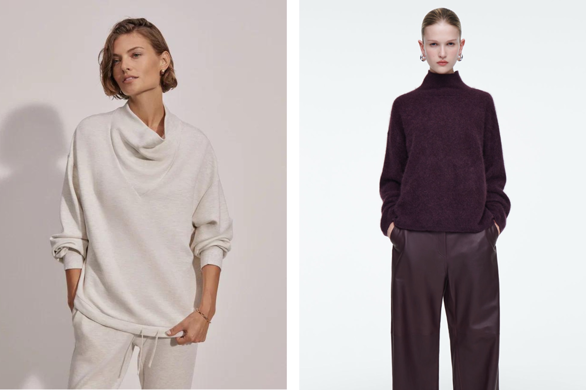 A side by side photo of two women both in turtlenecks, the one on the left in a grey color and the one on the right in maroon. 