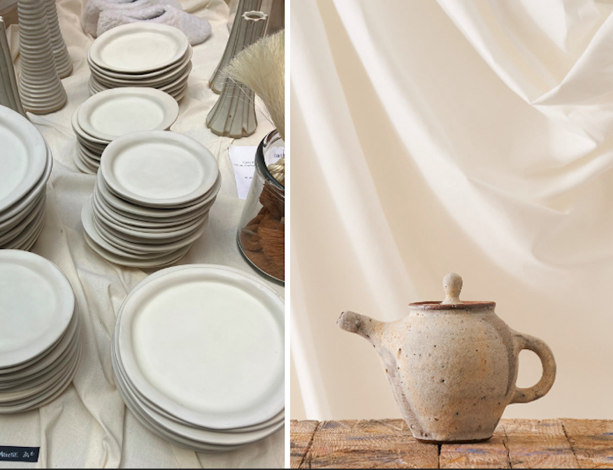 A beige teapot and a white set of plates beside each other