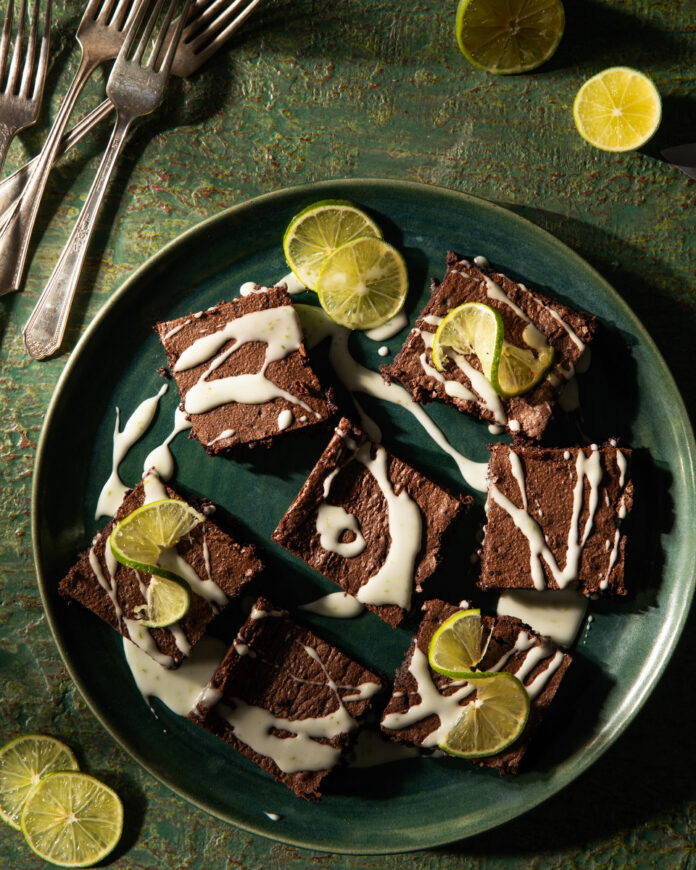 Chocolate brownies with a powdered sugar lime glaze