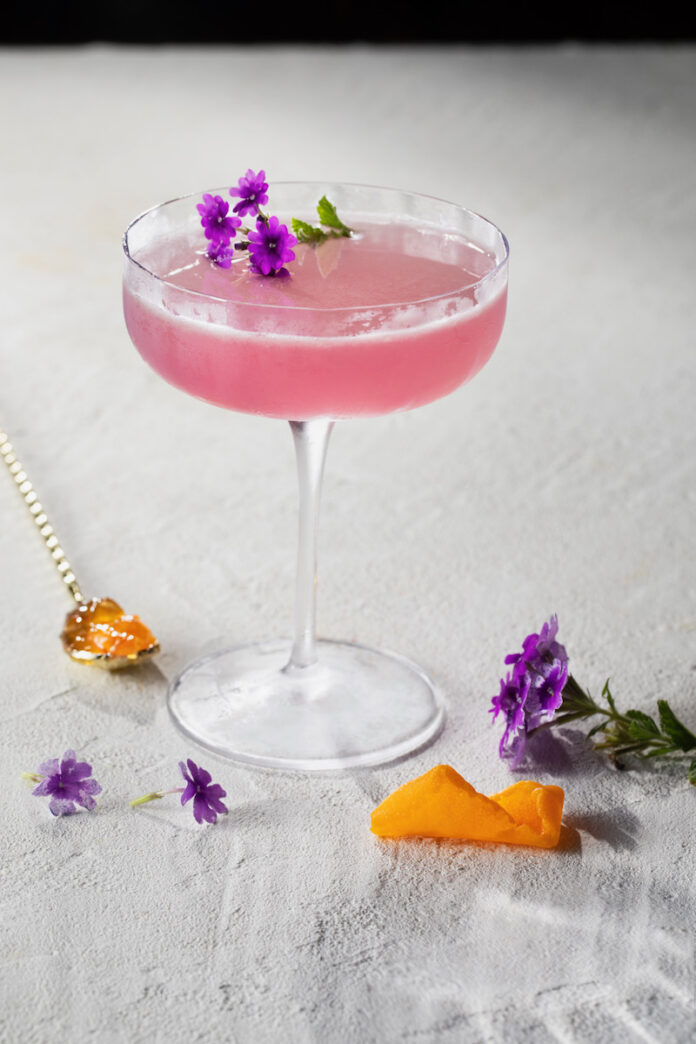 A gin and jam cocktail on a white background