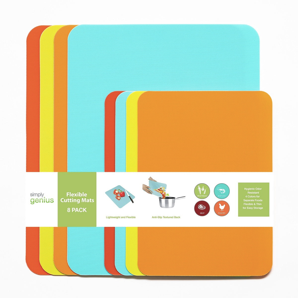 A set of plastic sheets, one in teal, one in salmon, and one in red