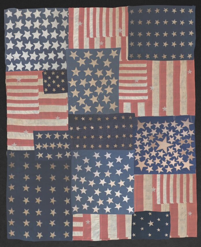 A collage of various American flags to represent the 2024 presidential election.