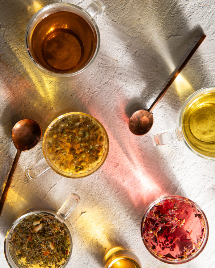 An image showing a selection of herbal teas presented as non-alcoholic beverage options for Dry January.