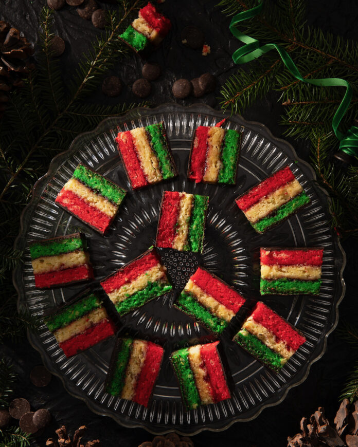 Italian rainbow cookies arranged into a spiral