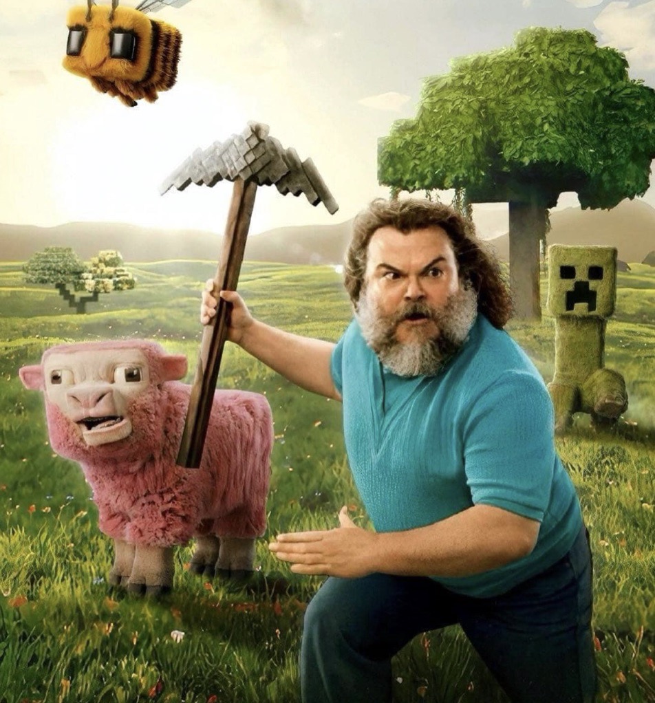 Steve from Minecraft in a blue shirt with a pink and beside him and creeper behind him.