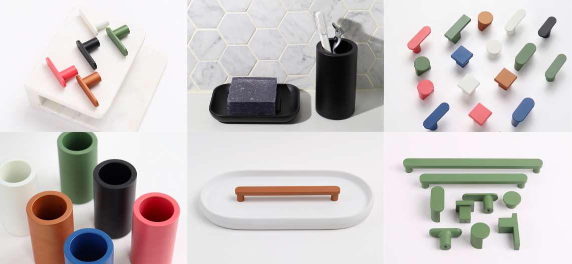 A colorful set of drawer hardware from a boutique designer