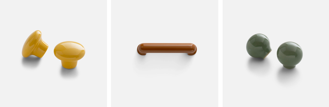 A triptych of images of colorful drawer hardware