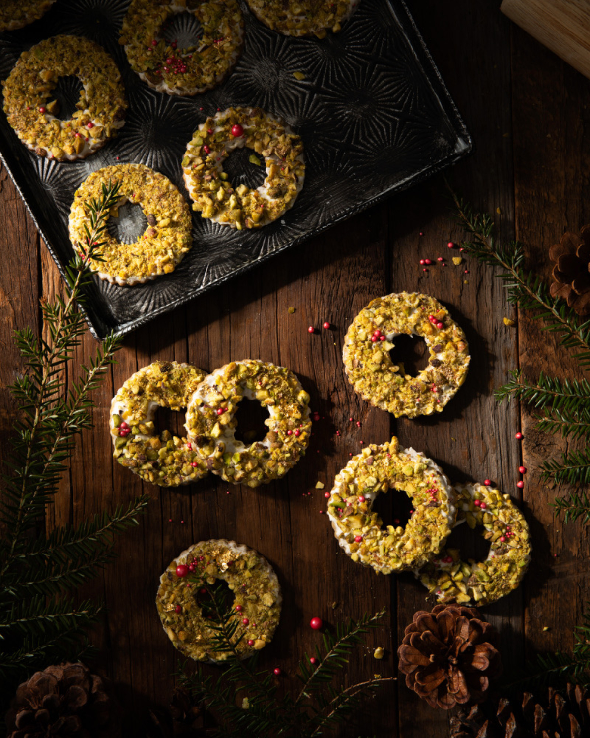 Pistachio cookies on a white background