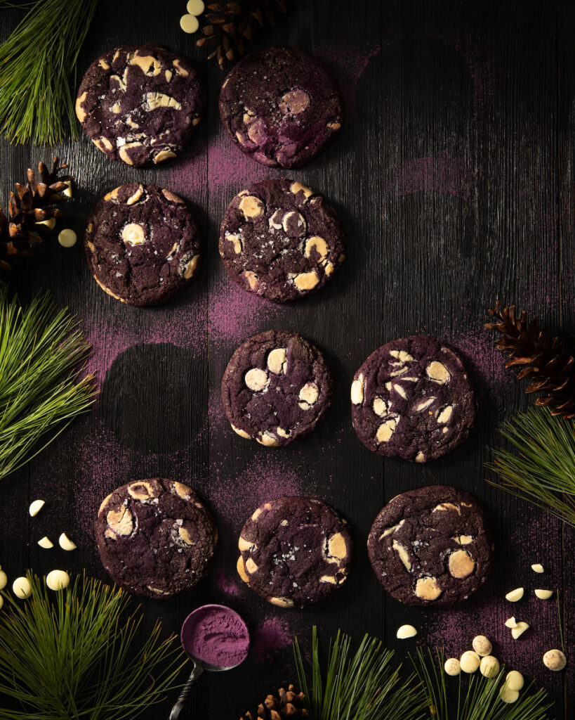 Ube Cookies surrounded by holiday decorations