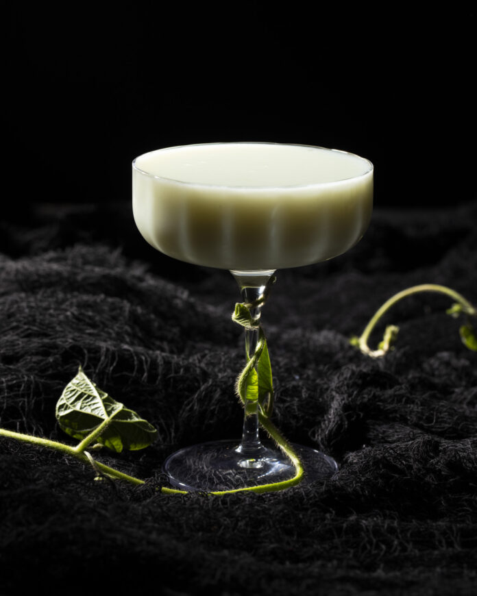 In a coupe glass sits a Defying Gravity Wicked cocktail white in color while the glass is tangled in a vine.