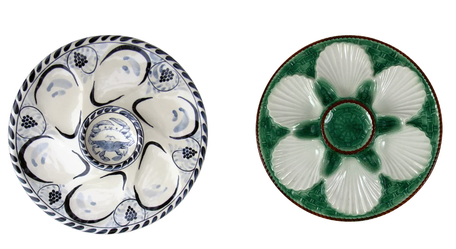 Oyster plates, one is white and one is green 
