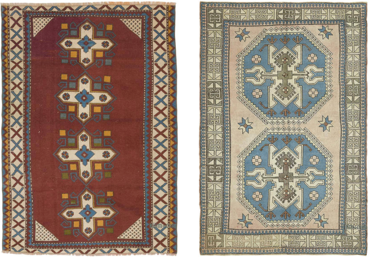 Two rugs, one red and one tan, from Kilim 