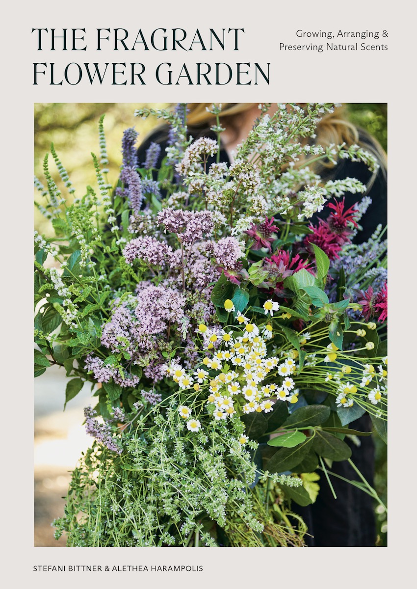 The cover of Fragrant Flower Gardens with red, white, and pink flowers in greenery 
