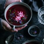 Healthy Beet Soup in a large steel bowl with a handle