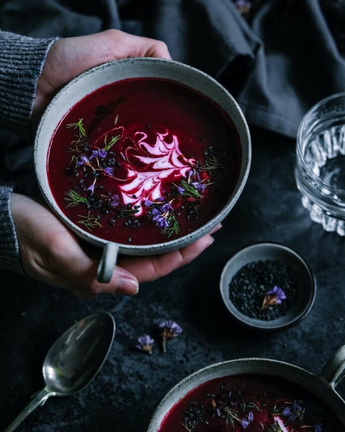 Healthy Beet Soup in a large steel bowl with a handle