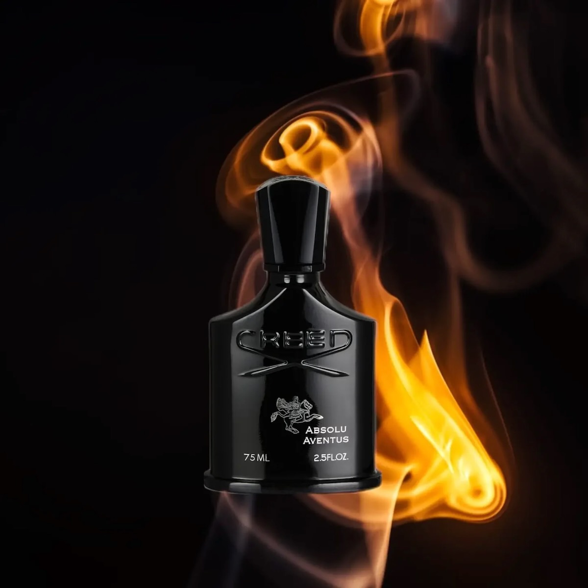 A bottle of Creed Absolu Aventus, staged around a graphic of fire 