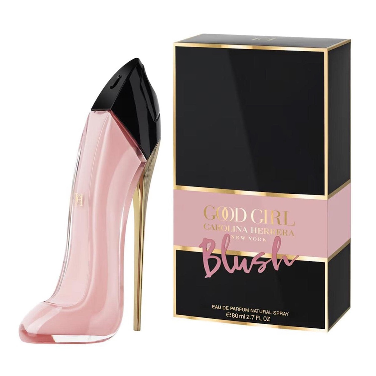 A bottle of Good Girl by Carolina Herrera, shaped like a pink stiletto 
