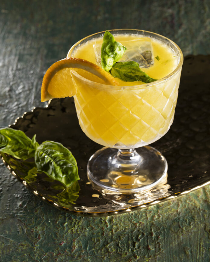 A glass of golden-colored cocktail with sliced orange and fresh basil leaves as garnish, set against a dark, mossy backdrop, creating a lush and earthy visual.