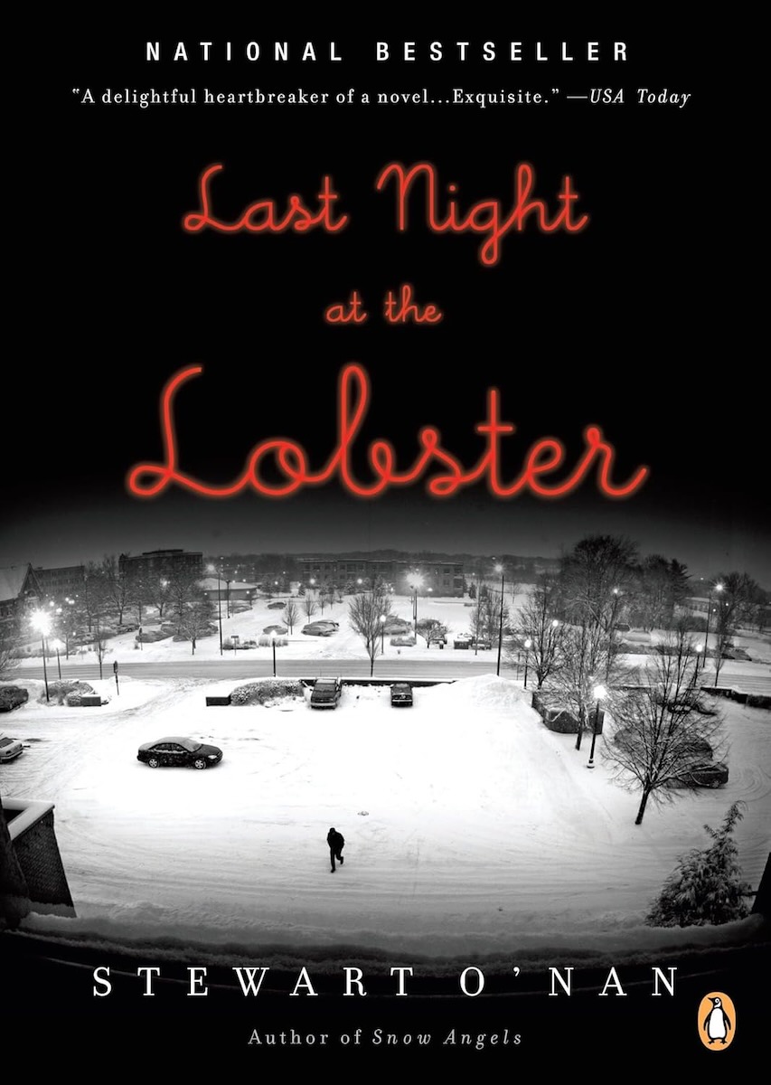 The cover of Last Night at the Lobster by Stewart O'Nan, black with red cursive text. 
