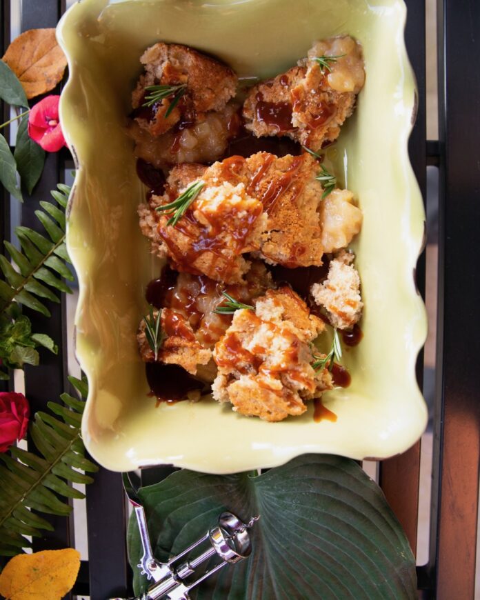 Apple Pudding Cake An apple pudding cake in a tin.