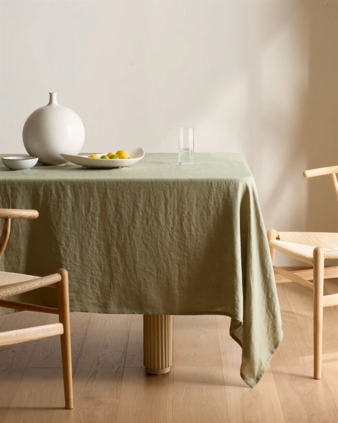 A pale green tablecloth by Quince staged in an inviting dining room