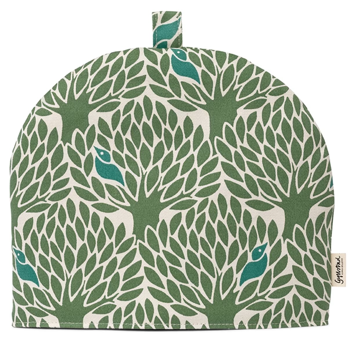 A green and white tea cozy from Gyllstad on a white background