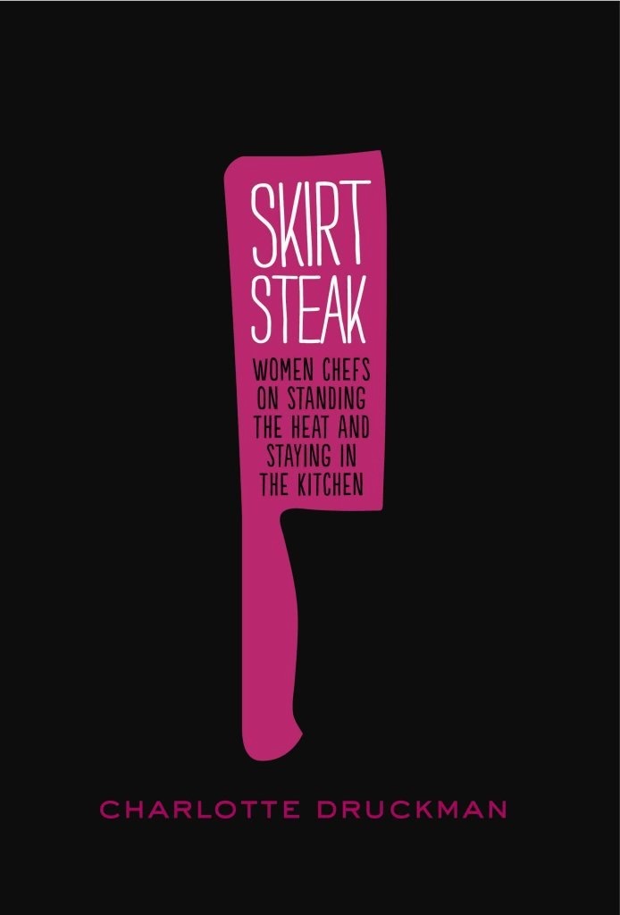 A pink knife with white text in it on a black background, the cover of the book Skirt Steak. 