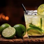 A caipirinha with a lime wedge in it on a wooden background.