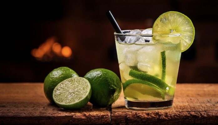 A caipirinha with a lime wedge in it on a wooden background.