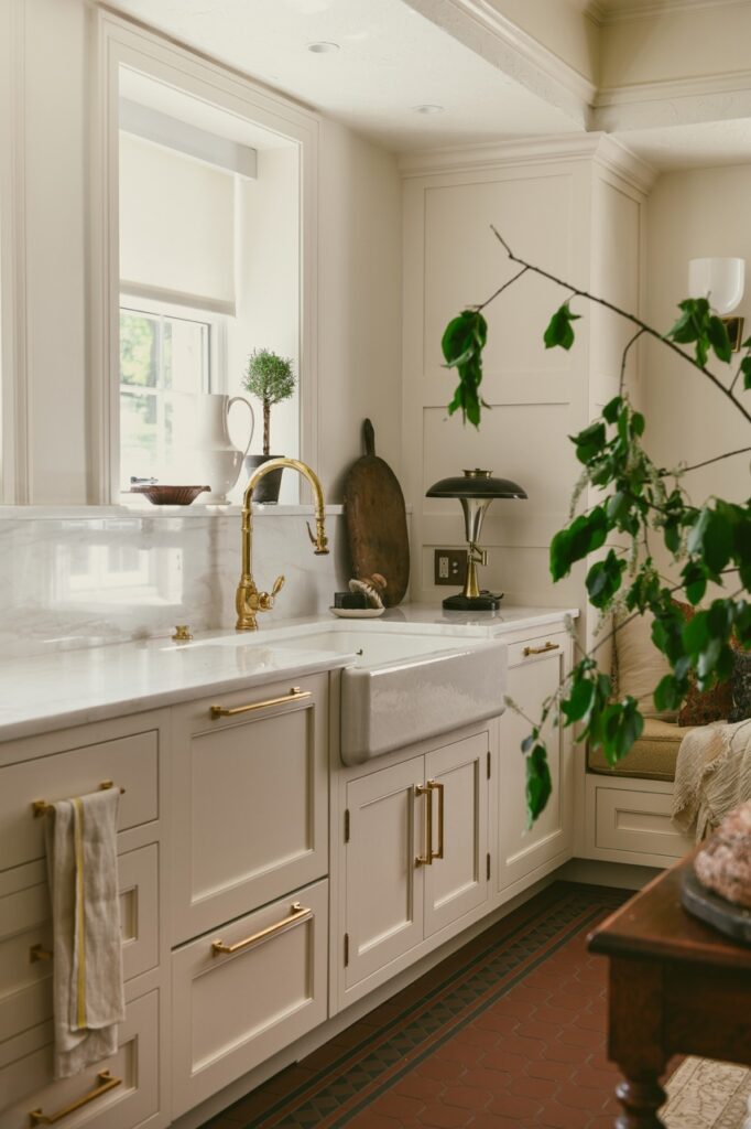 A Drury Cabinet with a white countertop and gold sink fixture faucet.