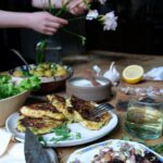 Leeks, feta, chili, and dill fritters on a spring table.