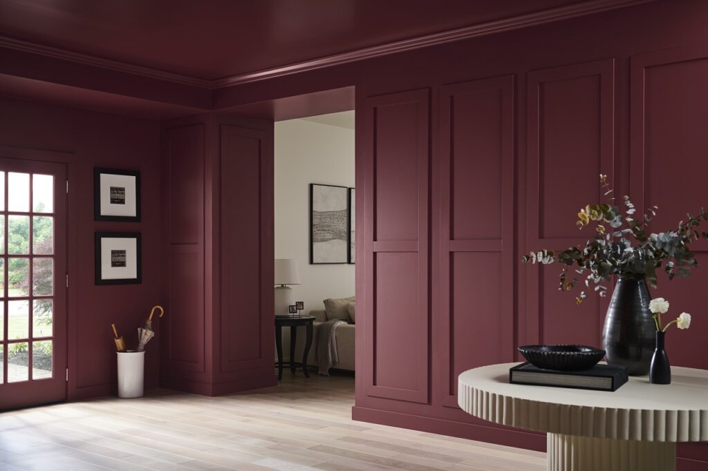 A room with purple-ish walls presenting one of the 2025 colors of the year.