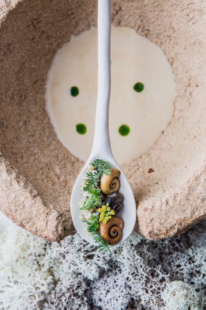 A white spoon holds small snails with greens beneath them from a climate friendly global restaurant.